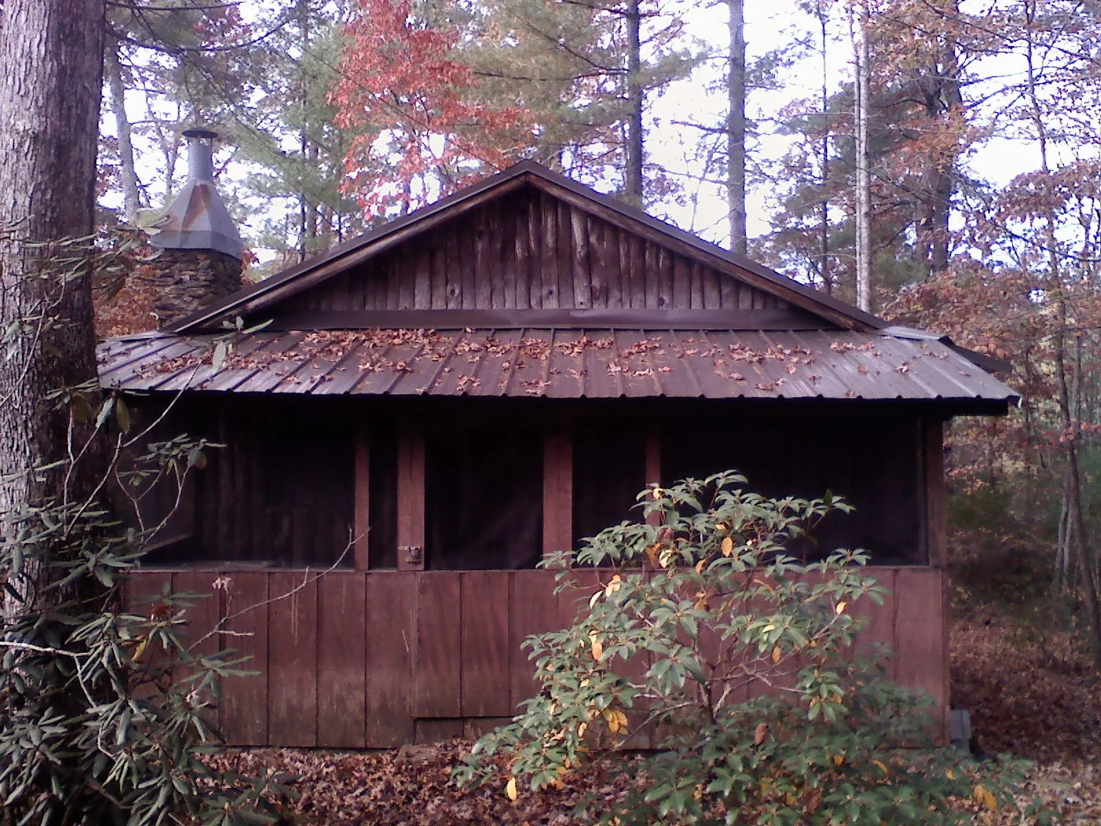 Metal roof over the screened porch of a rustic cabin in Windsor